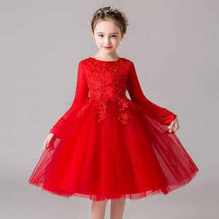 儿童公主裙蓬蓬裙长袖白纱裙子女童红色连衣裙宝宝演出礼服春秋冬