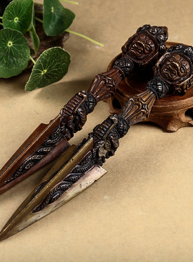 藏传密宗法器 尼泊尔手工纯铜三面马头明王杵 普巴杵 金刚杵