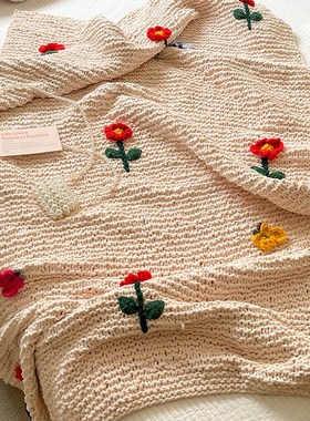 手工复古棒针粗毛线毯子立体花朵针织毯床尾巾毯冰条绒毛沙发毯