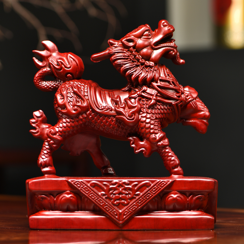 红花梨木雕瑞兽麒麟一对实木摆件家居客厅玄关办公桌面摆设工艺品