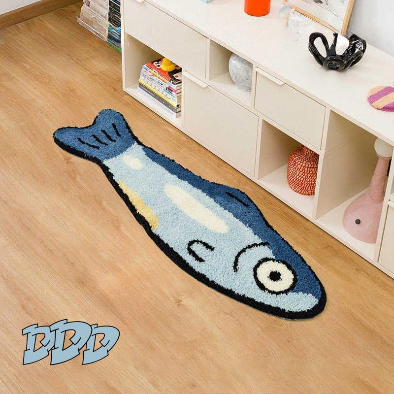 DDD 卡通创意咸鱼植绒地毯客厅蓝色小鱼地垫儿童房簇绒卧室床边毯