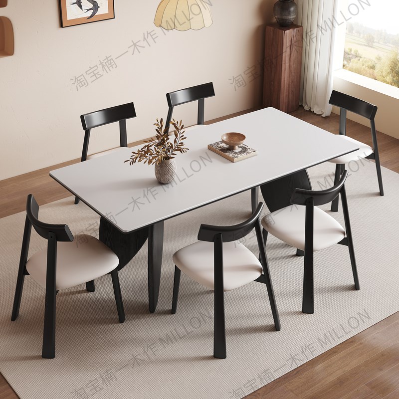复古黑色实木岩板餐桌长方形现代简约家用小户型白蜡木餐桌椅
