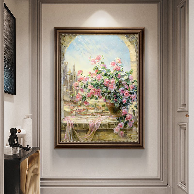 美式花卉玄关装饰画复古油画欧式大气走廊过道挂画高级感壁画图片