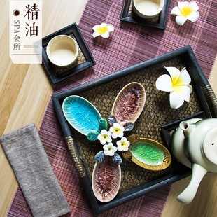 茶杯茶托盘 异丽木质藤编托盘泰国实木长方形竹大茶盘家用复古中式