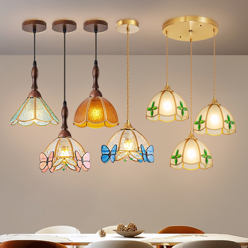 新款轻奢创意单头餐厅吧台阳台灯中古风格彩色复古卧室床头小吊灯