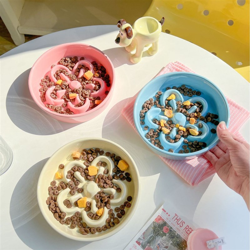 猫碗陶瓷狗狗缓食盆花朵慢食碗防噎狗食盆木架猫咪食盆宠物增高架
