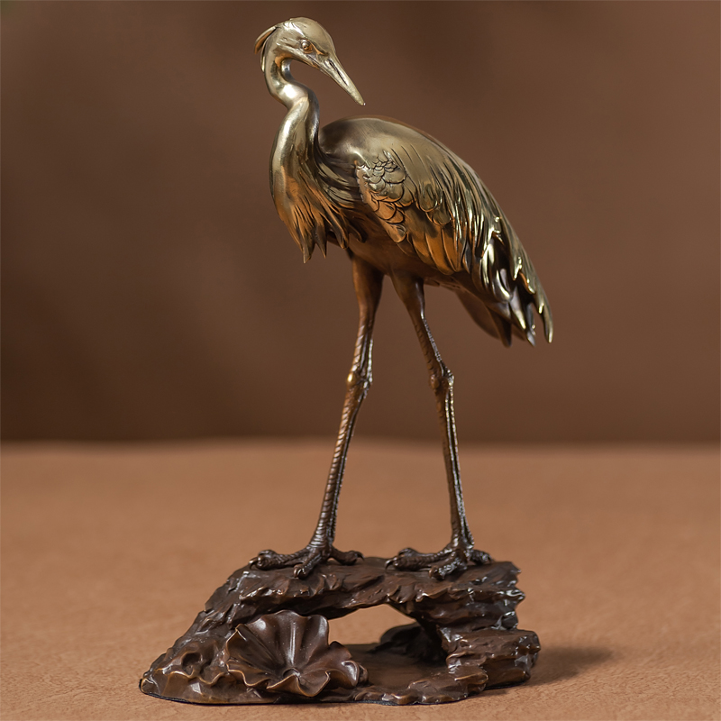 黄铜仙鹤一鹭莲科客厅酒柜家居装饰书房桌面新中式丹顶鹤摆件礼物