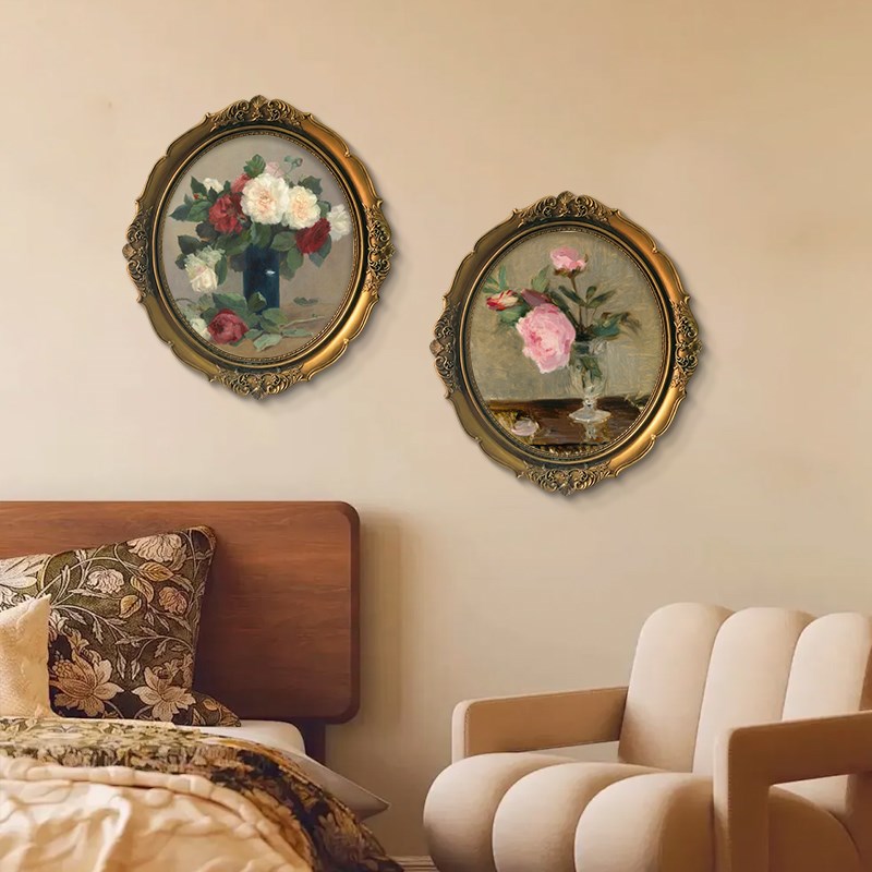 椭圆形装饰画法式卧室床头挂画轻奢高级感美式复古客厅背景墙壁画