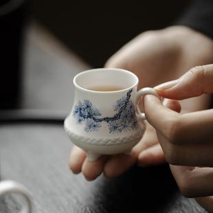 弥言白瓷青花手绘松风茶杯家用手把品茗杯功夫茶具手工薄胎主人杯