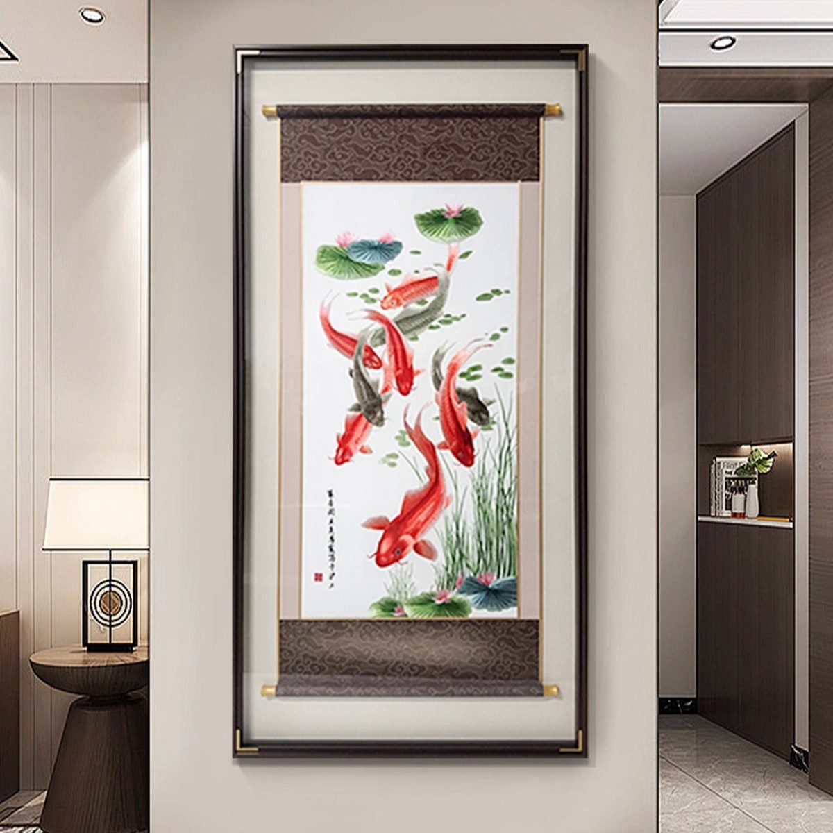 苏绣入户过道玄关装饰画高端刺绣3d立体墙壁画九鱼图新中式走廊画