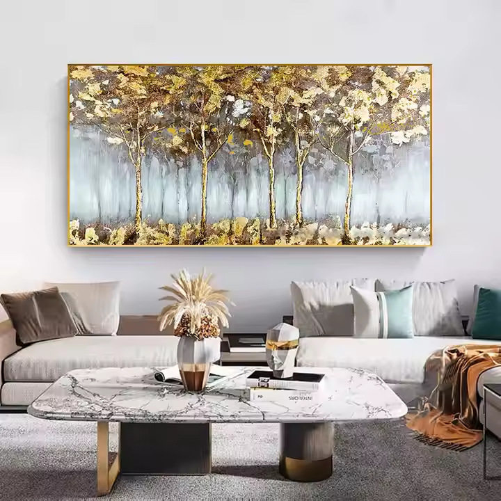 纯手绘油画黄金树侘寂风金箔抽象画新年客厅装饰画简约肌理玄关挂