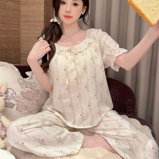 睡衣女夏季梭织纯棉短袖长裤带胸垫家居服夏天薄款夏款可外穿套装