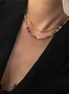 安小柏太美!天然石天然珍珠彩色串珠锁骨链项链手链女复古叠戴