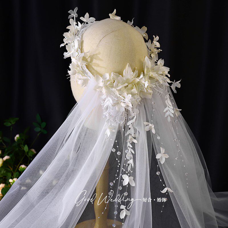 新款法式森系超仙新娘复古花环头纱发饰配饰浪漫结婚婚纱照花圈