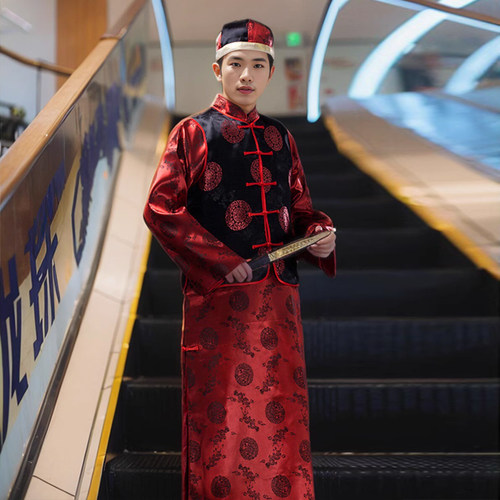 中式婚礼新郎长袍马褂装敬酒礼服红色唐装男款上衣清朝阿哥演出服