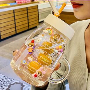 水杯女办公室玻璃杯带把手茶水分离泡花茶杯吸管杯大容量家用杯子