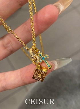 好特别!新款金色方块筛子蓝钻十字架吊坠项炼气质不掉色高级颈炼