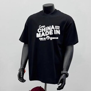 夏季潮流美式透气简约重磅字母正肩短袖t恤男女情侣半袖领带夹