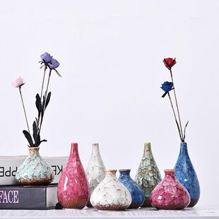 白色干花插陶罐摆件 陶瓷窑变小花器家居复古水培台面花瓶禅意日式