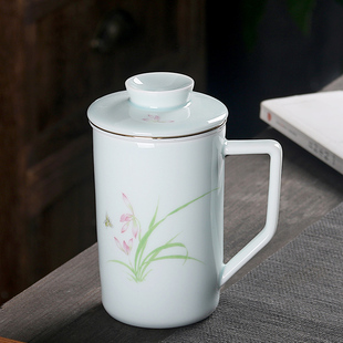 影青茶杯陶瓷过滤带盖茶水分离杯子功夫喝茶杯泡茶杯家用带把水杯