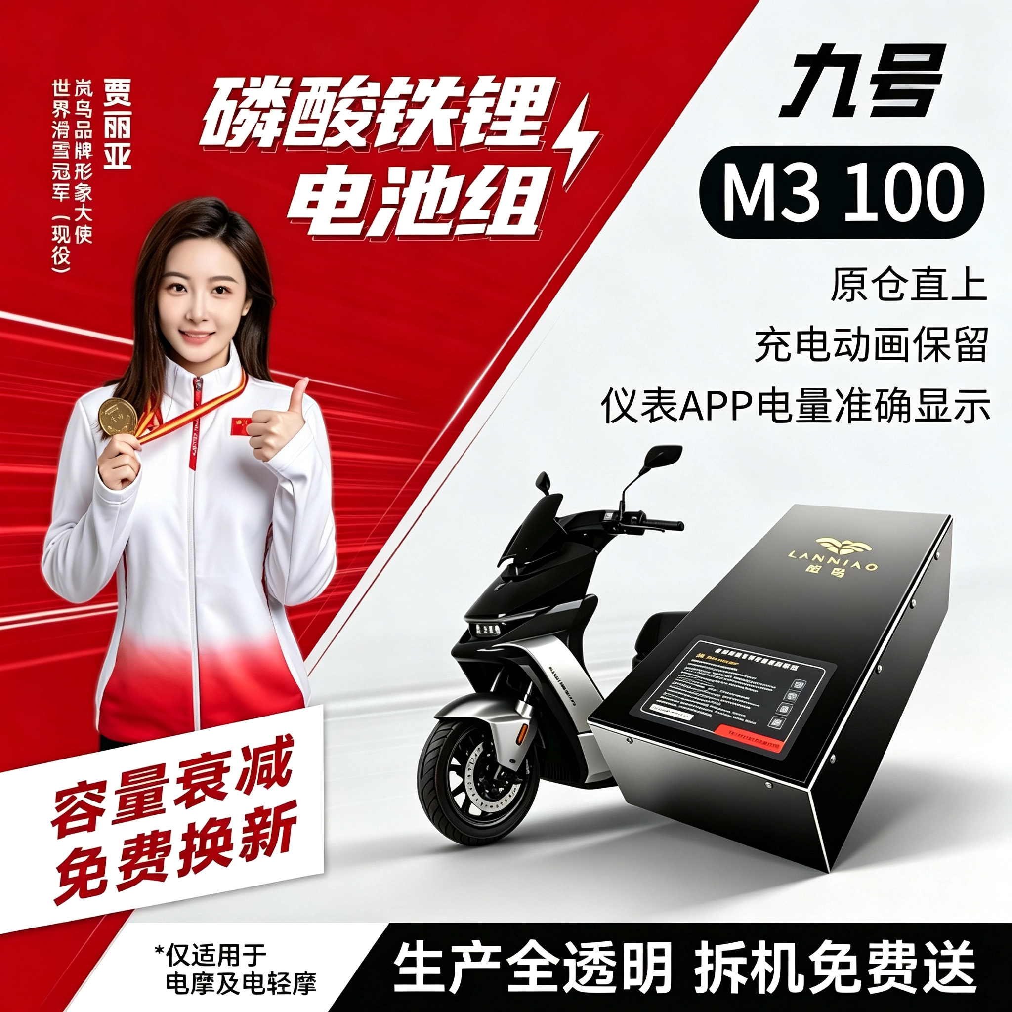 岚鸟适用九号新品电摩M3 10072V磷酸铁锂电池大容量直上增程续航