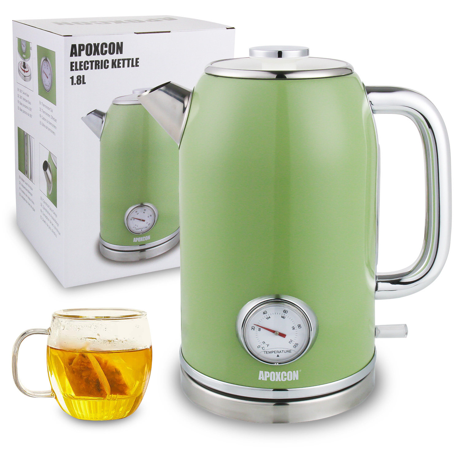 APOXCON 复古绿电热水壶 带温度显示 1.8升容量