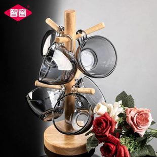 水杯喝茶简约精致 杯小茶杯玻璃杯家用耐高温杯架小清新实木套装