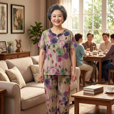 妈妈装夏季花卉印花减龄套装