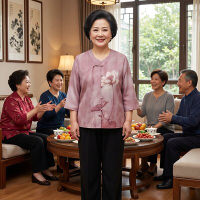 妈妈装中式荷花印花减龄套装