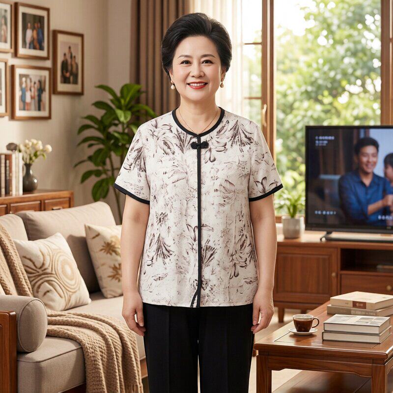 夏季新中式印花减龄妈妈两件套