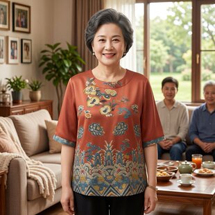 妈妈装舒适宽松中式国风圆领复古印花上衣夏季植物花卉中老年女装