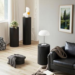 侘寂风原木花架茶几木墩圆形边几民宿实木覆古碳化黑树墩花几摆件