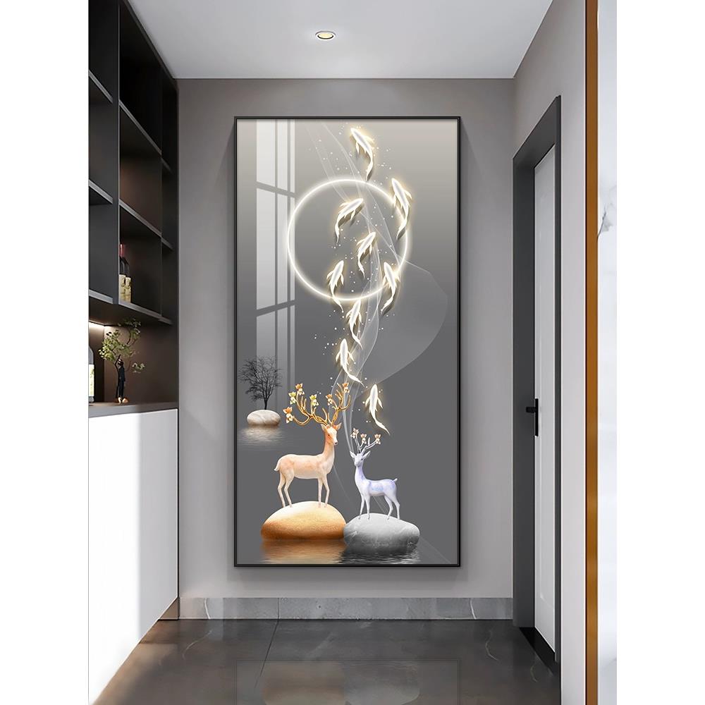 轻奢入户玄关装饰画 画进门客厅走廊过道挂画 画新款大气麋鹿竖版