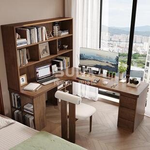 sunx全实木转角书桌书柜书架一体组合 法式角落拐角L型学生学习桌