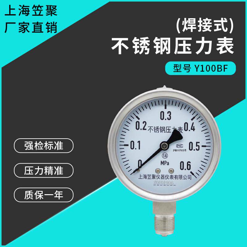 上海笠聚 焊接式不锈钢压力表Y100BF 0.6MPA耐高压高温耐震抗震表