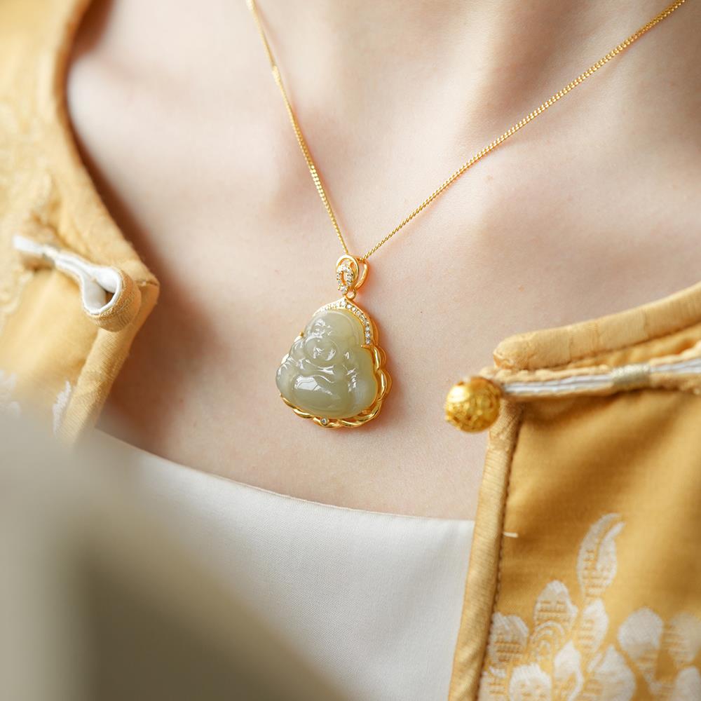 《禧遇》和田玉石佛公吊坠女款弥勒佛金镶玉项链520礼物送妈妈