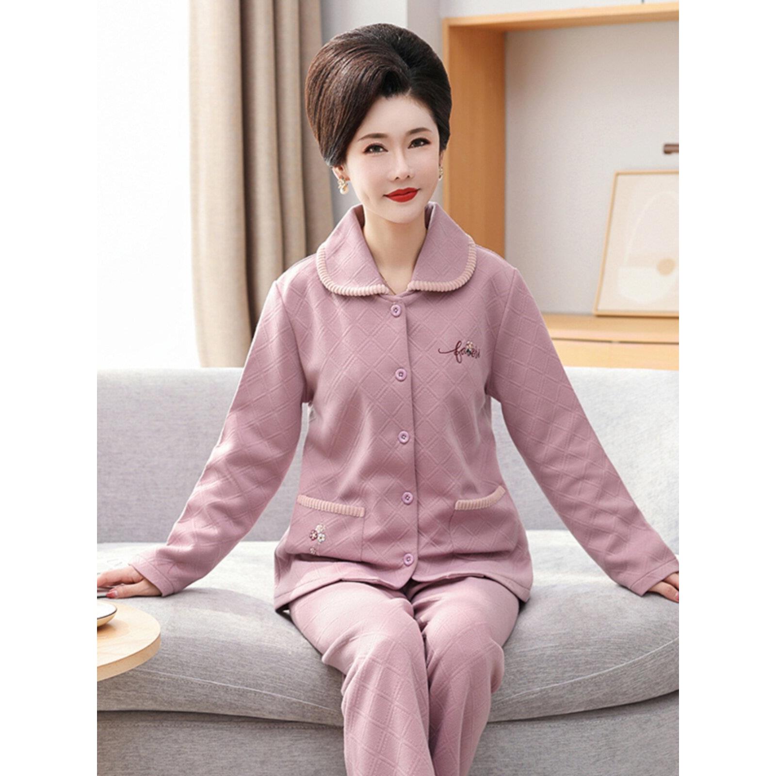 新款居家中老年妈妈夹层睡衣女士秋冬加厚空气棉可外穿家居服套装