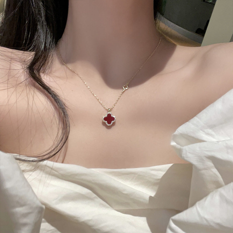 微镶锆石秋冬锁骨链红色双面四叶项链女爆款设计师锁骨链小众颈