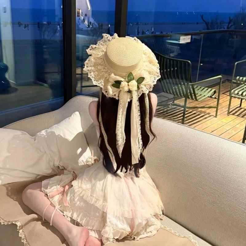 夏天花朵草编帽子女款日系可爱洛丽塔草帽海边沙滩旅游防晒遮阳帽
