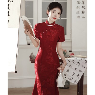 鱼尾敬酒服旗袍云肩新中式红色蕾丝改良新娘结婚连衣裙订婚礼服女
