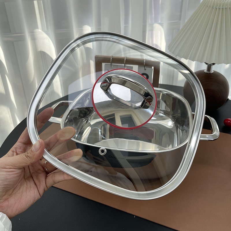 方形汤锅18/10不锈钢加厚一体成型24cm方形锅火锅煎炒煮多用锅双