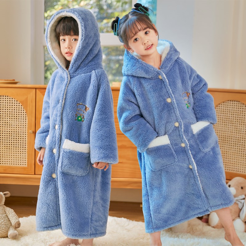 儿童睡袍冬季加厚法兰绒加长宝宝睡衣男孩珊瑚绒浴袍女孩家居服