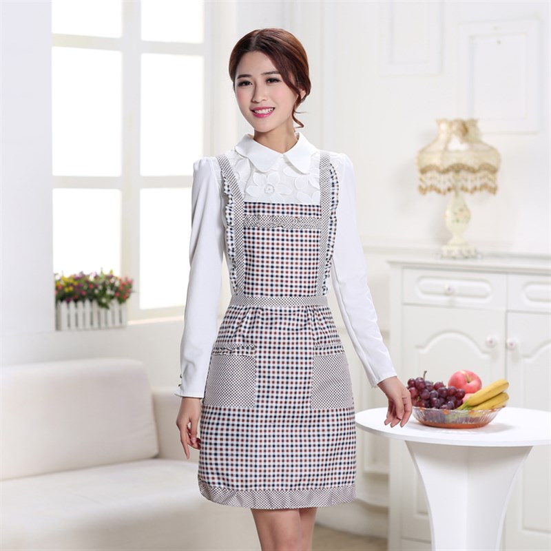 欧式背带式双层加厚防水碎花格子公主粉无袖花边厨房半身裙女围裙