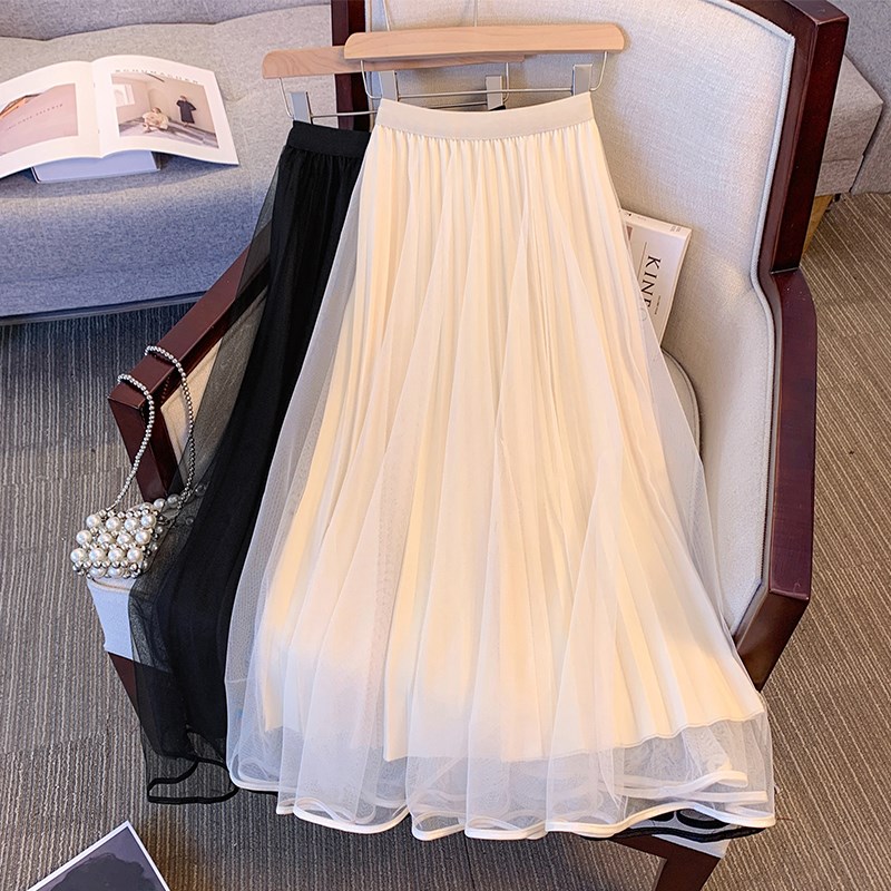 网纱半身裙女春秋季2024年新款双面穿遮胯百褶a字黑色沙裙长裙子