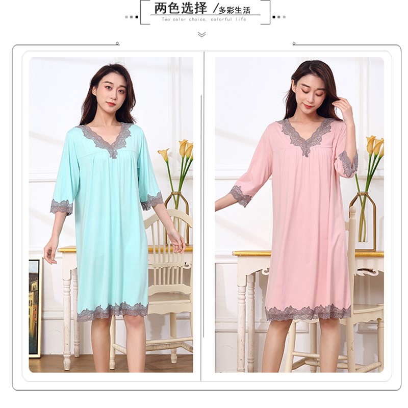 七分袖睡裙2024薄款撞色甜美柔软蕾丝短裙竹纤维春夏宽松睡衣女士