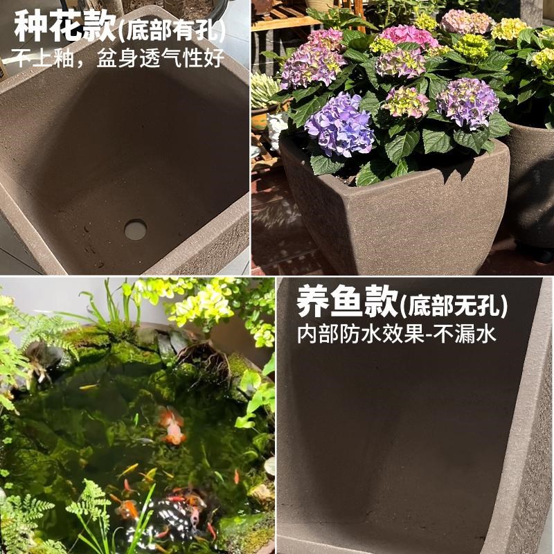 特大号无釉粗陶花盆紫砂加厚中式大口径透气复古养鱼缸荷花盆景盆