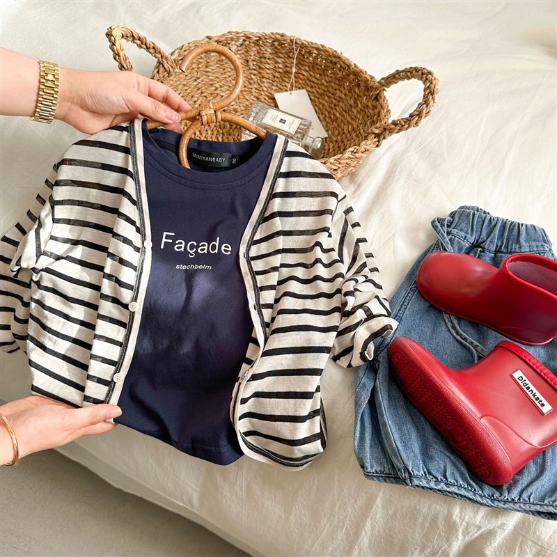 男女童防晒衣条纹V领开衫夏季薄款宝宝外套空调服亲子儿童皮肤衣2