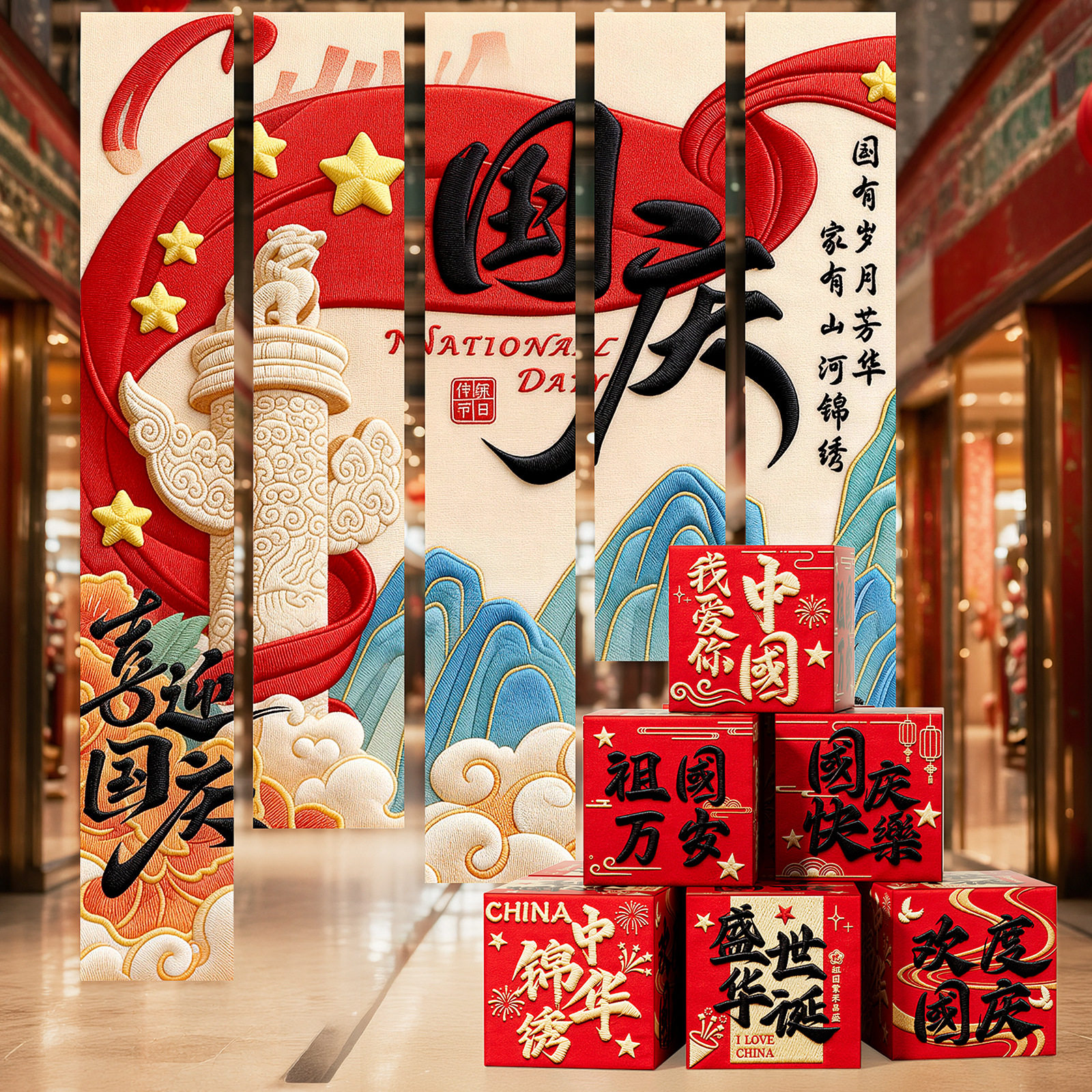 中秋国庆节装饰条幅挂布地堆盒