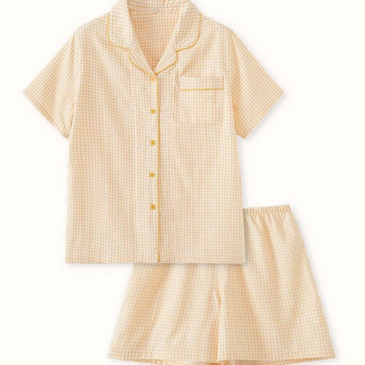 纱布睡衣女夏天短袖短裤情侣套装薄款格子家居服男士全棉大码