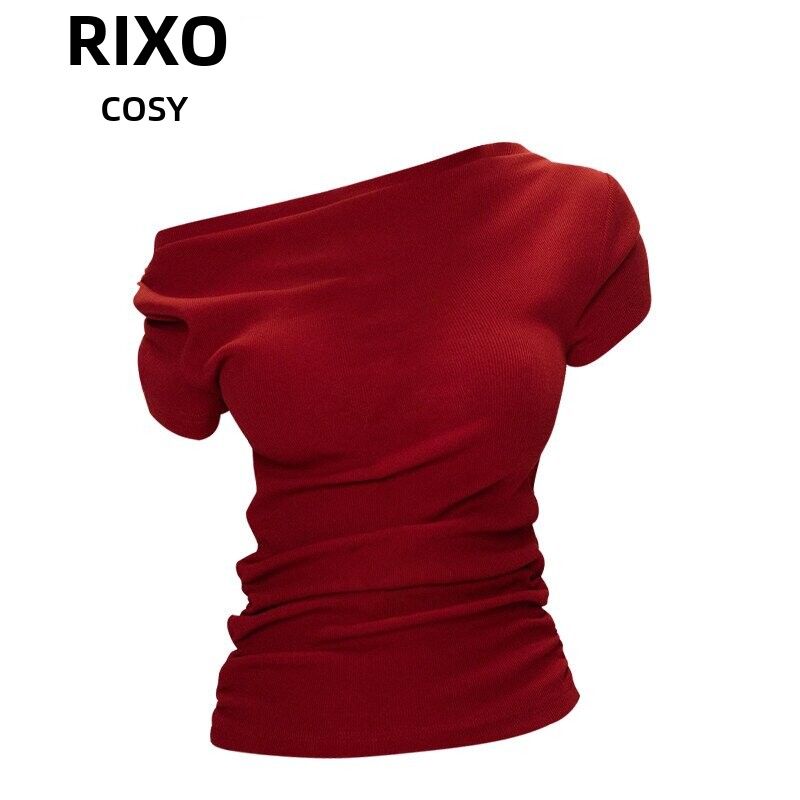 RIXO COSY时尚复古红色斜肩短袖t恤女夏季高级感修身露肩百搭上衣